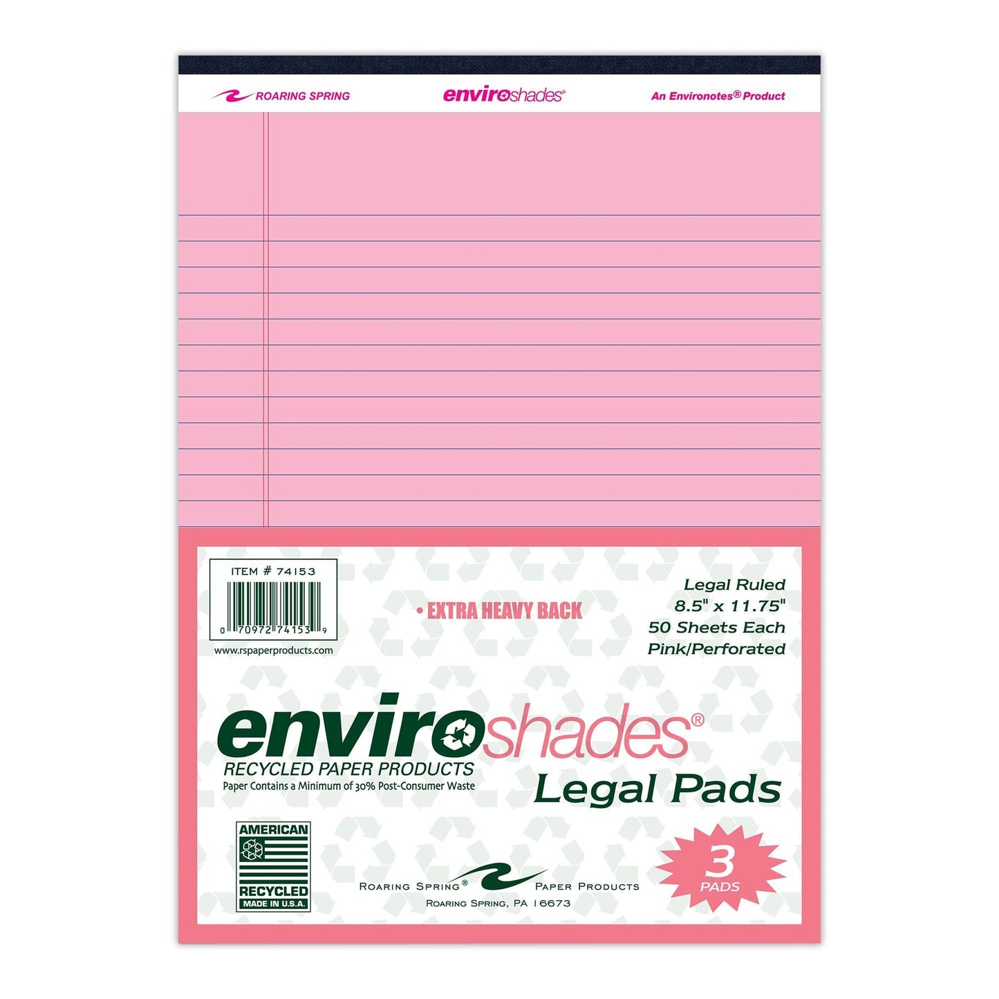 ROARING SPRING Enviroshades Recycled Legal Pads, 50 Sheets, 8.5" x 11.75", Pink, Pack of 3