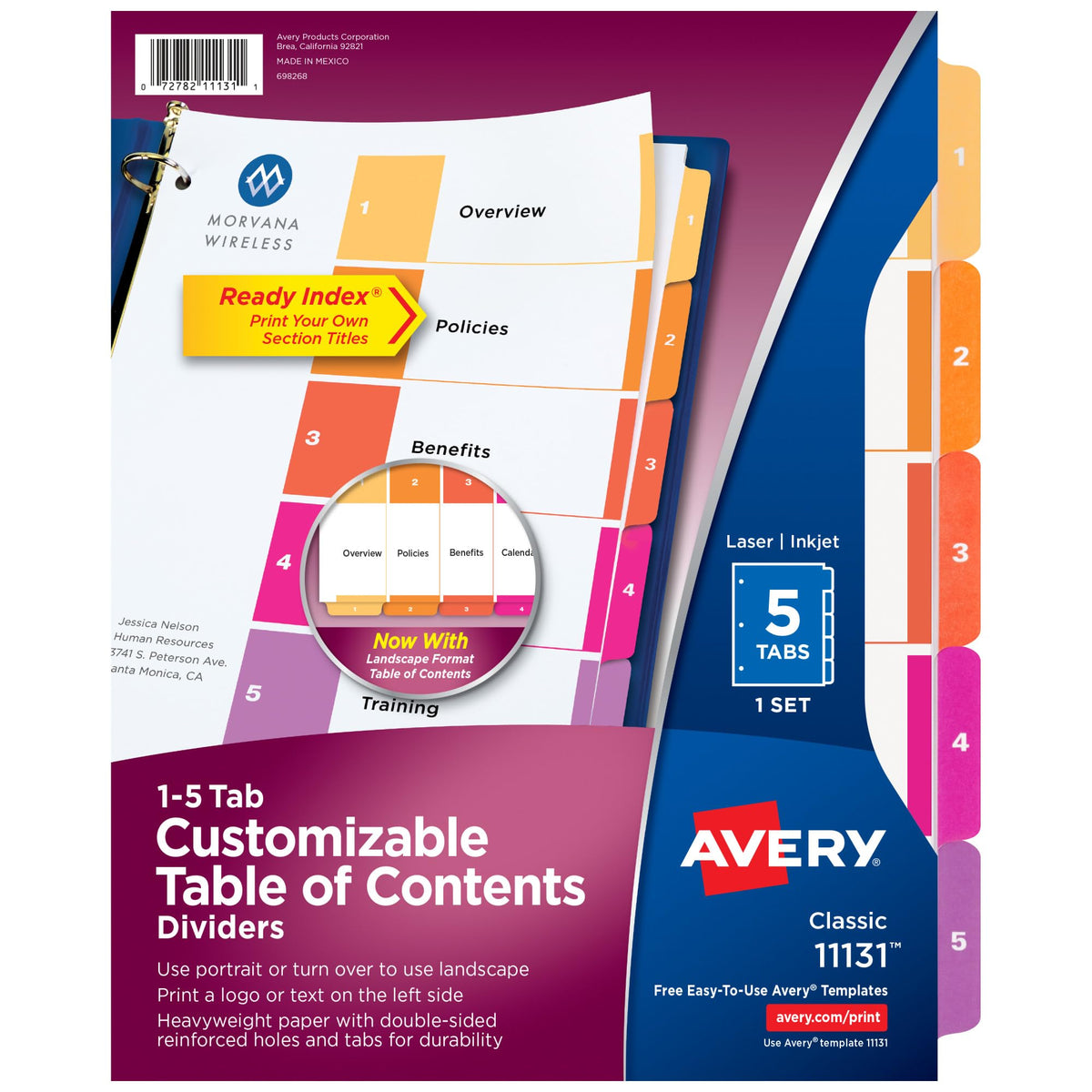 Avery 5 Tab Dividers for 3 Ring Binders, Customizable Table of Contents, Multicolor Tabs, 1 Set (11131)