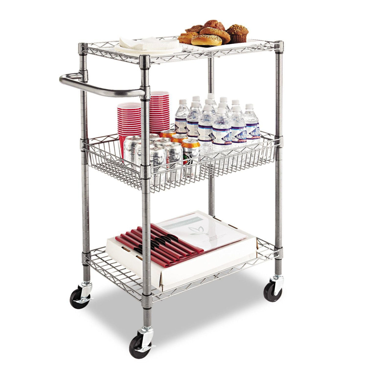 Alera Three-Tier Wire Rolling Cart, 28w x 16d x 39h, Black Anthracite