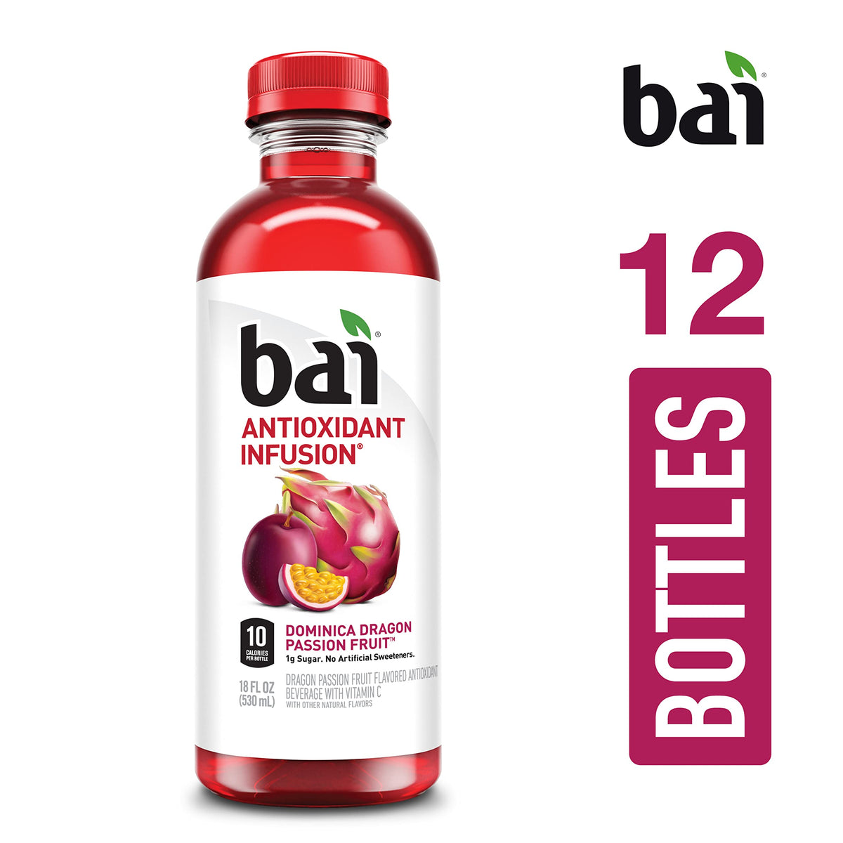 Bai Dominica Dragon Passion Fruit, Antioxidant Infused Beverage, 18 Fl Oz Bottle (Pack of 12)