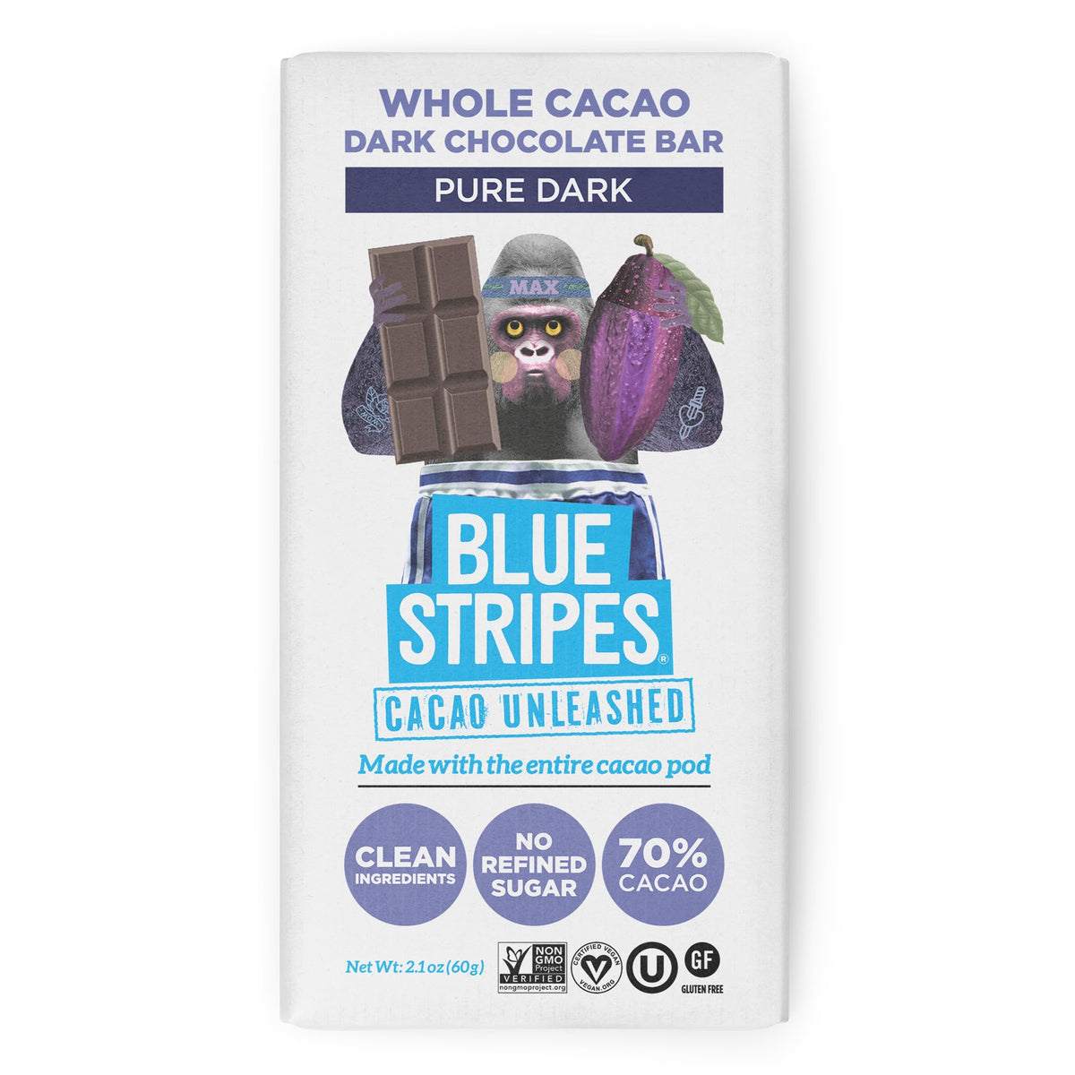 Blue Stripes Pure Dark Chocolate Bar, 2.1 OZ