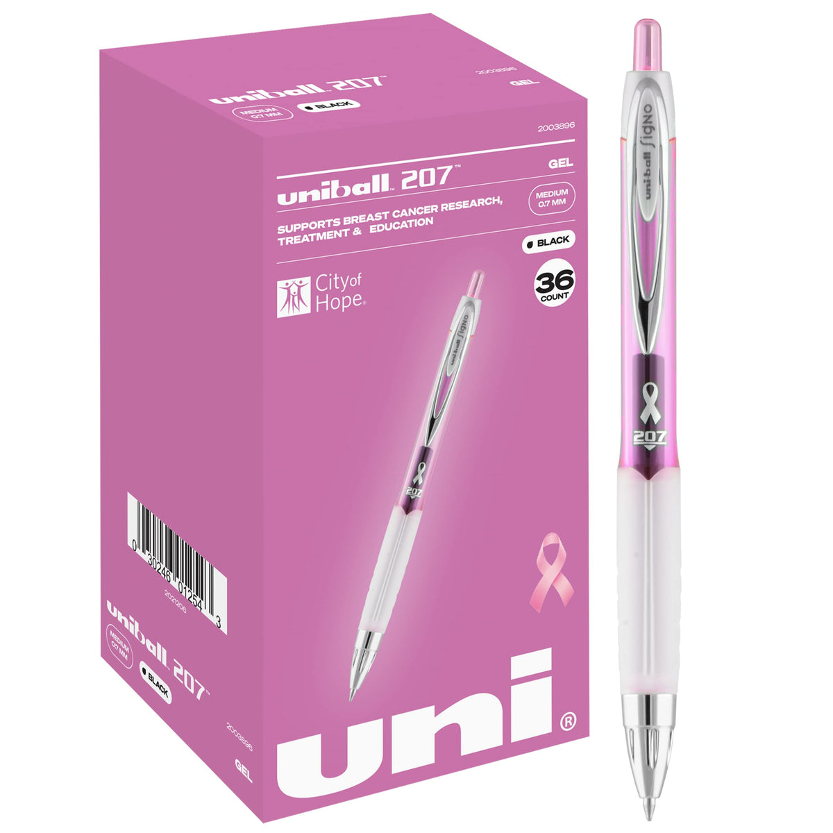 uniball 207 Office Pack Gel Pen, Retractable, Medium 0.7 Mm, Black Ink, Pink Barrel, 36/pack