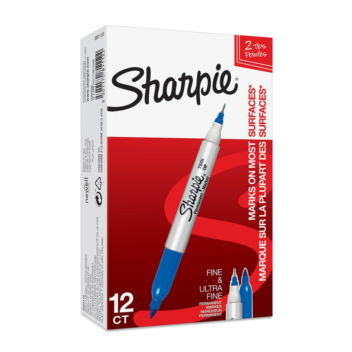 Sharpie Twin Tip Permanent Markers | Fine & Ultra-Fine Points | Blue | 12 Count
