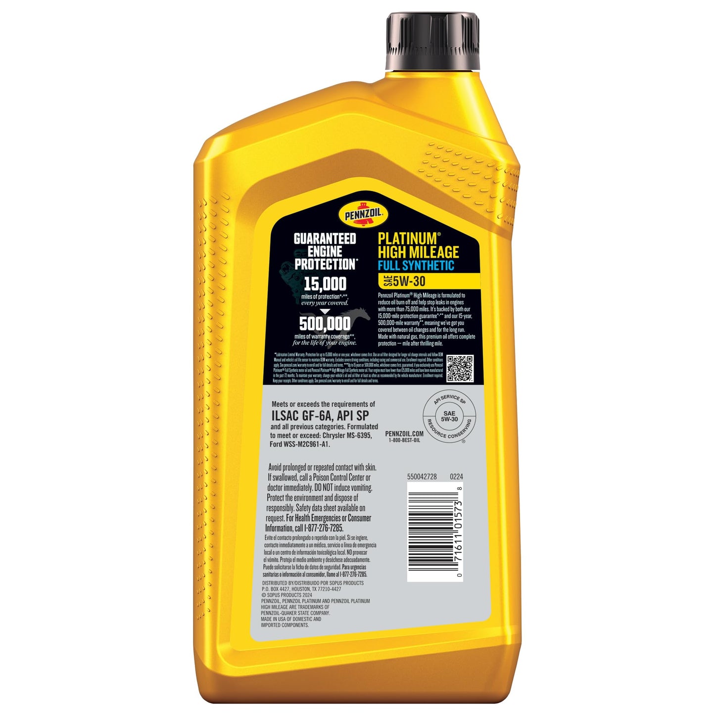Pennzoil Platinum High Mileage Full Synthetic 5W-30 Motor Oil, 1 Quart (6 Pack)