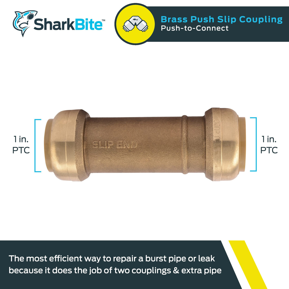 SharkBite 1 Inch Slip Coupling, Push to Connect Brass Plumbing Fitting, PEX Pipe, Copper, CPVC, PE-RT, HDPE, U3020LF