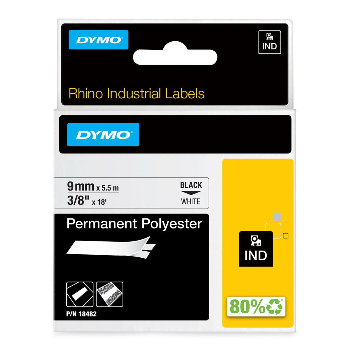 DYMO Rhino Industrial Permanent Polyester Labels, 3/8", Black Print on White Tape