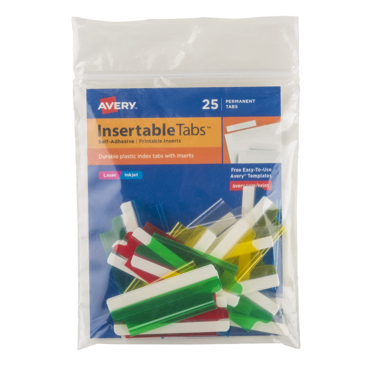 Avery Insertable Self-Adhesive Tabs with Printable Inserts, 2", Permanent Adhesive, Assorted (Blue, Clear, Green, Red and Yellow), Pack of 25 Index Tabs (16239)