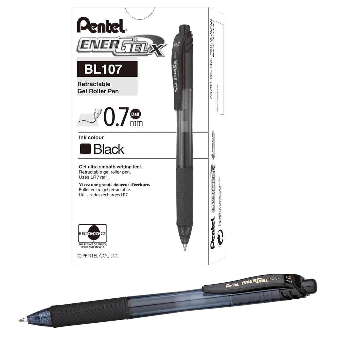 Pentel EnerGel-X Retractable Liquid Gel Pen, (0.7 mm), Medium Line, Black Ink, Box of 12 (BL107-A)