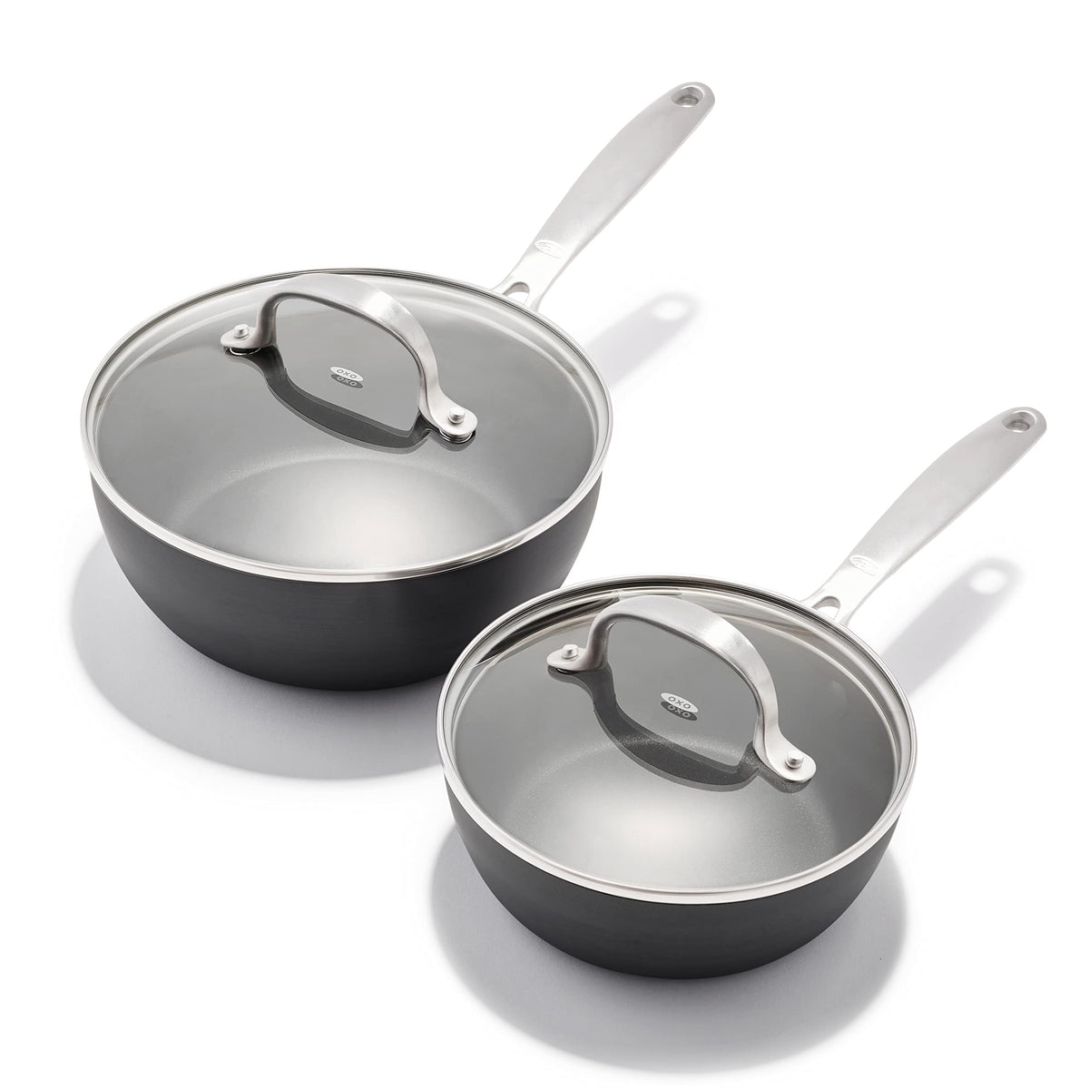OXO Good Grips Pro 1QT and 2QT Saucepan Pot Set with Lids, 3-Layered German Engineered Nonstick Coating, Stainless Steel Handles, Black