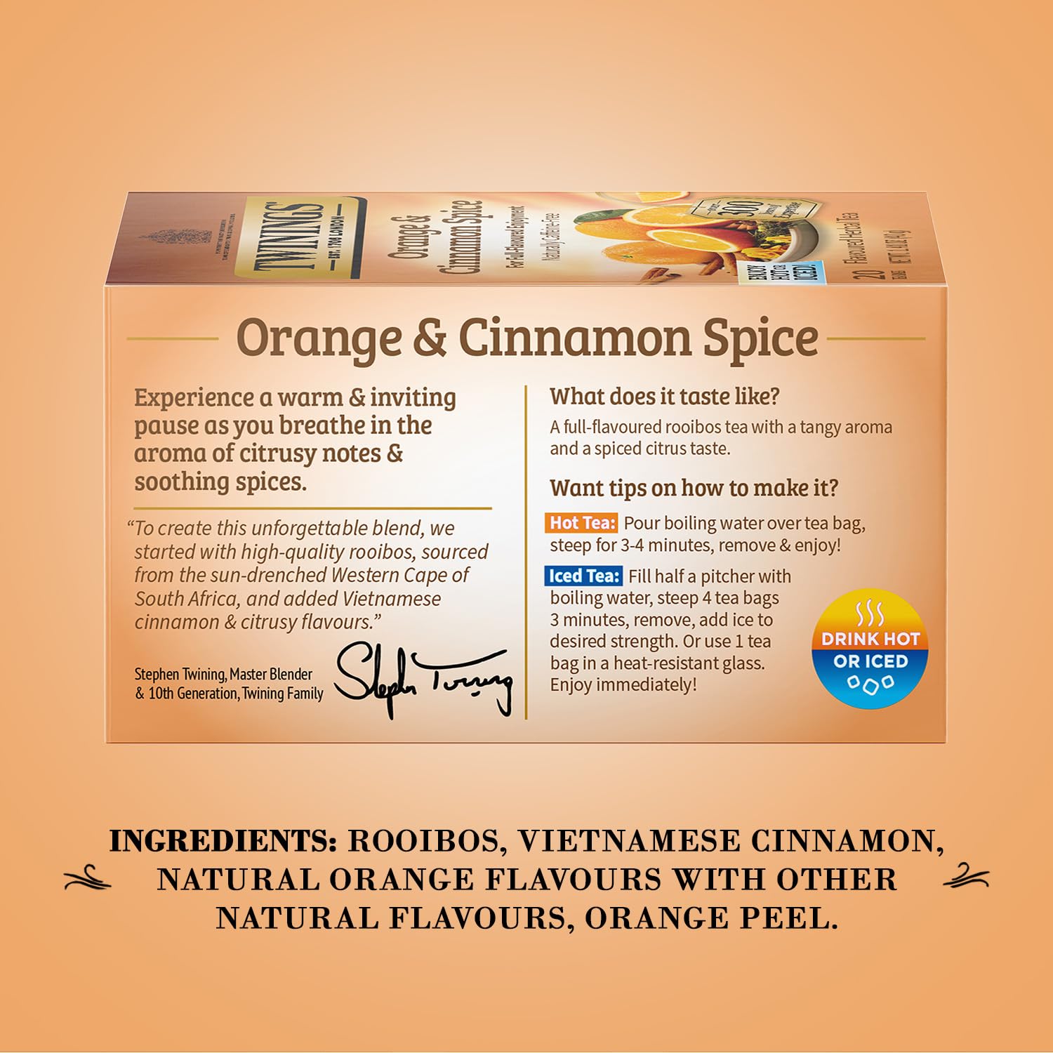Twinings Orange & Cinnamon Spice Tea, Naturally Caffeine-Free Sweet and Spicy Tea with Rooibos, Orange, and Cinnamon, Herbal Tea Bags Individually Wrapped, 20 Count