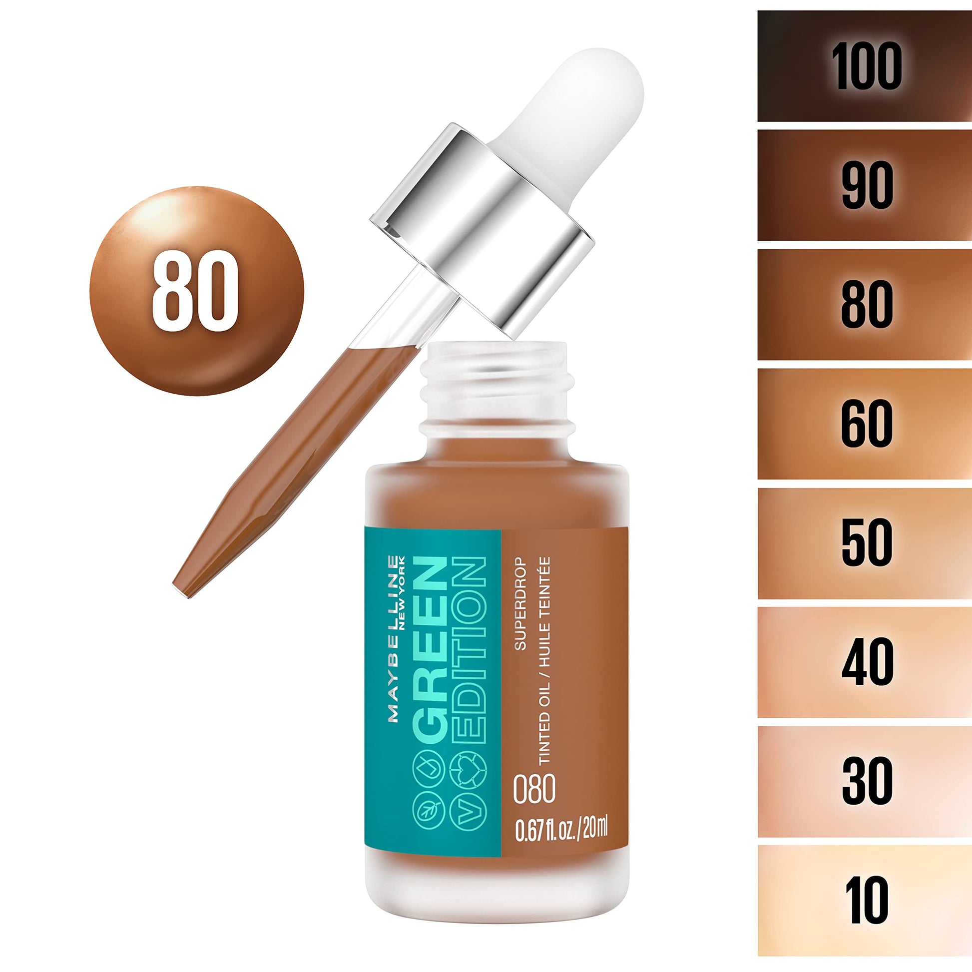 Maybelline Green Edition Superdrop Tinted Oil Base Makeup, Adjustable Natural Coverage Foundation Formulated With Jojoba & Marula Oil, 80, 1 Count