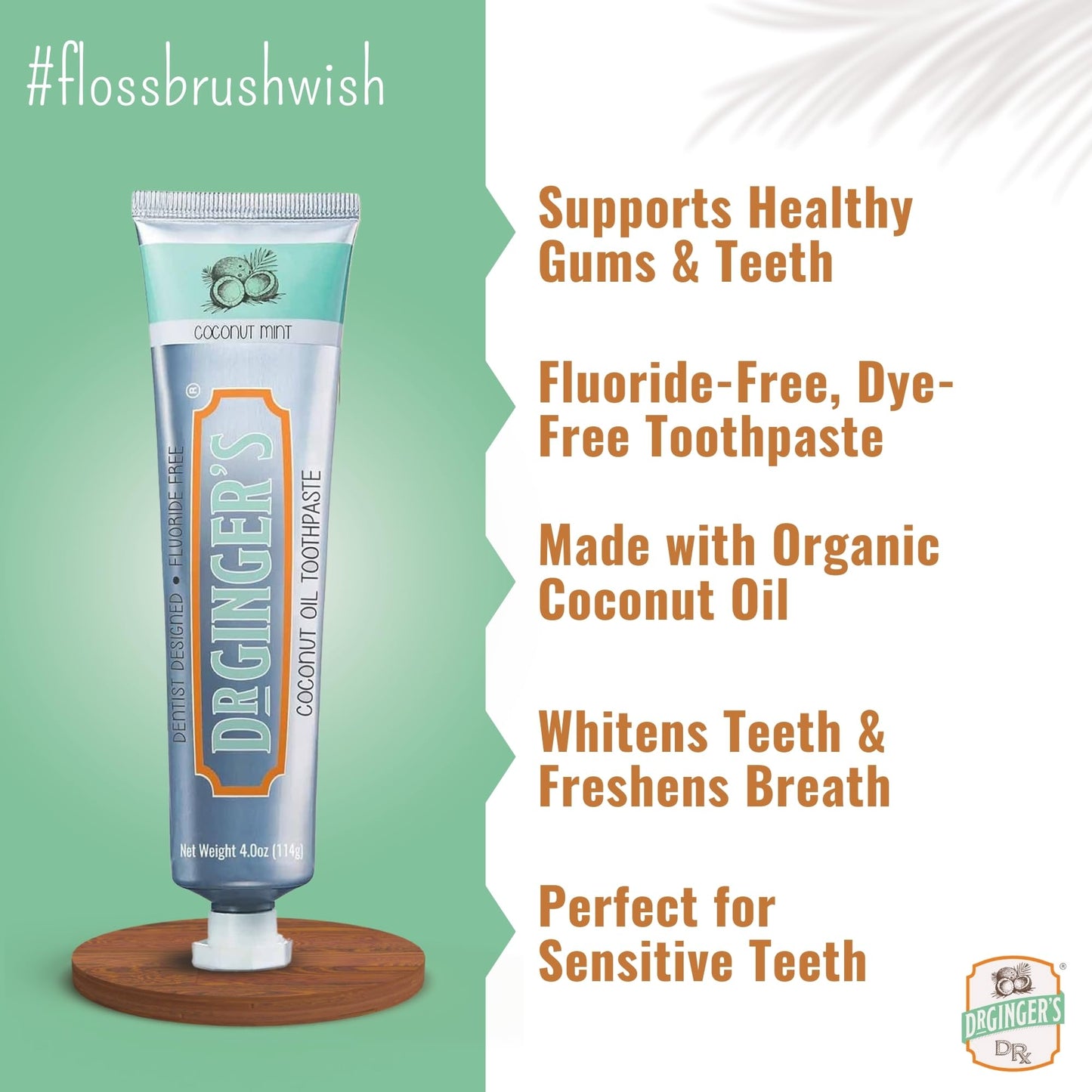 Dr. Ginger's Coconut Oil Fluoride Free Toothpaste for Sensitive Teeth and Gums - Mint Flavor, 4oz 2pcs - All-Natural Whitening Toothpaste with Xylitol, Freshens Breath and Reduces Plaque