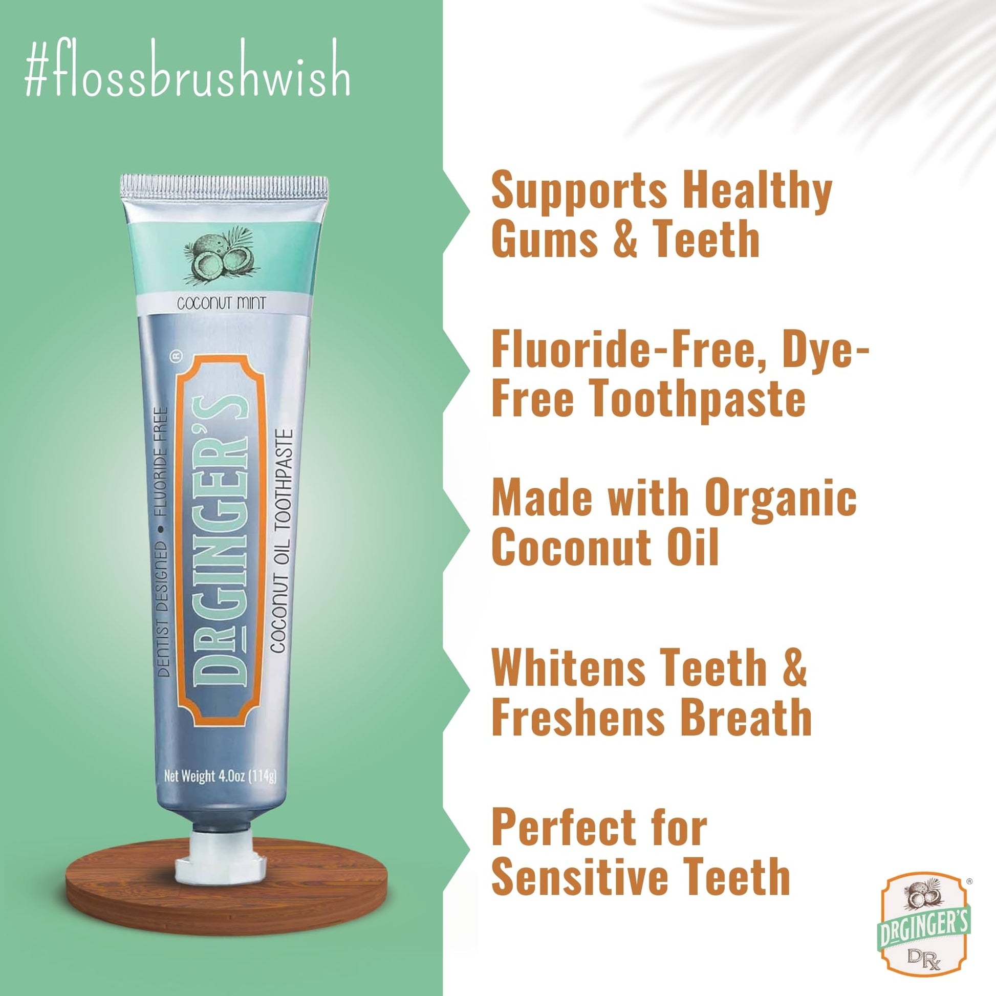 Dr. Ginger's Coconut Oil Fluoride Free Toothpaste for Sensitive Teeth and Gums - Mint Flavor, 4oz 2pcs - All-Natural Whitening Toothpaste with Xylitol, Freshens Breath and Reduces Plaque