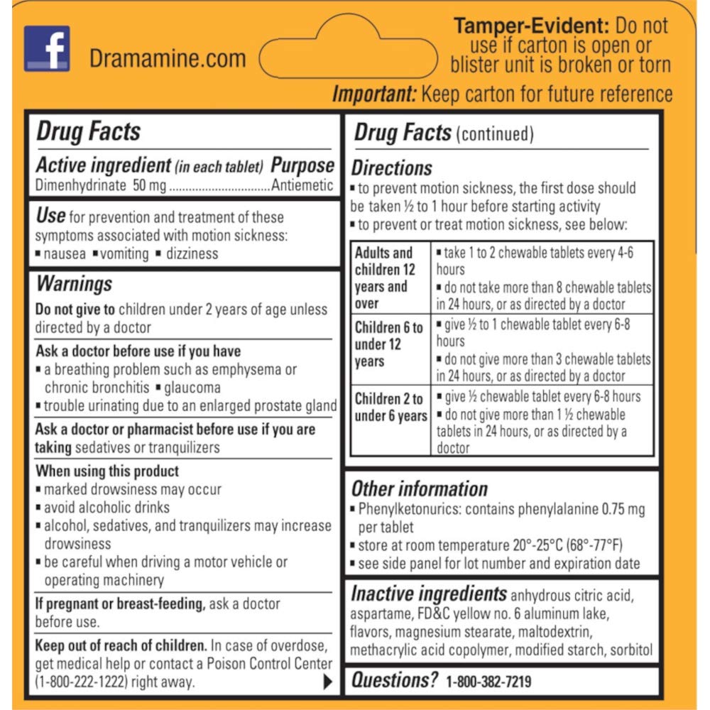 Dramamine Motion Sickness Relief Chewable Tablets, Orange Flavored, 8 Count (Pack of 4)
