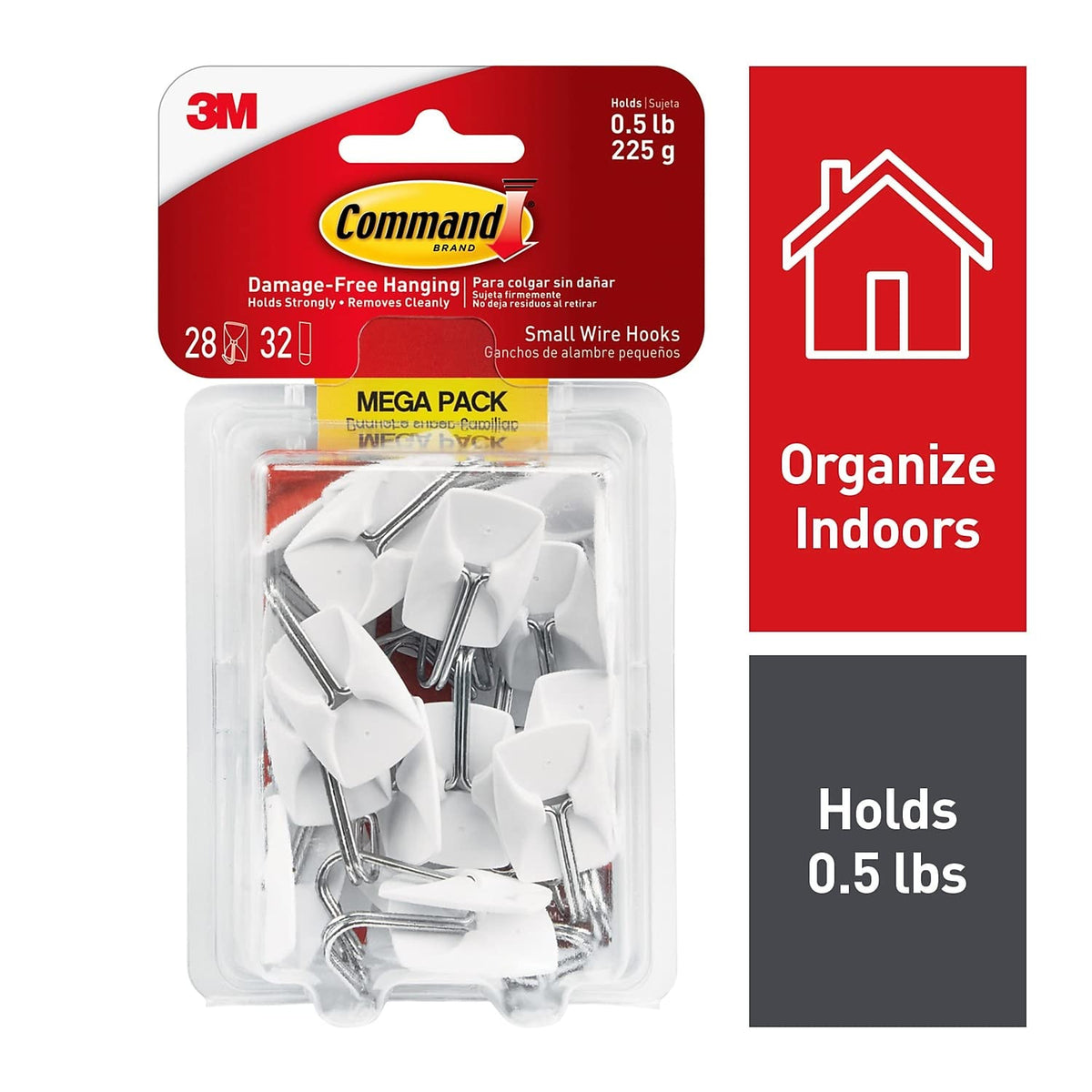 3M Command 17067MPES General Purpose Hooks, Small, 0.5lb Cap, White, 28 Hooks & 32 Strips/Pack