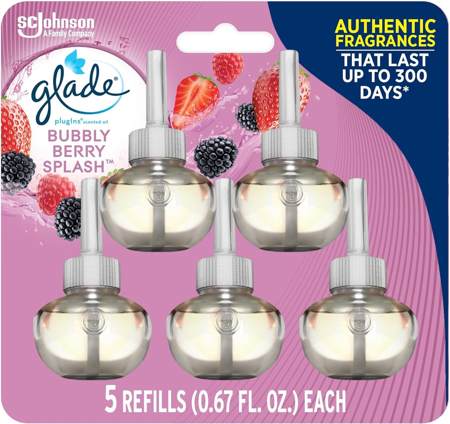 Glade PlugIns Refills Air Freshener, Scented and Essential Oils for Home and Bathroom, Bubbly Berry Splash, 3.35 Fl Oz, 10 Count