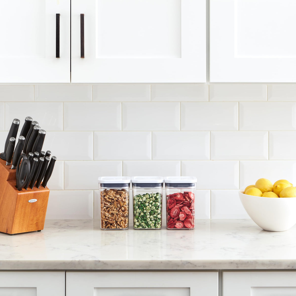 OXO Good Grips 3-PC Small Square Short POP Container Set, White,Grey