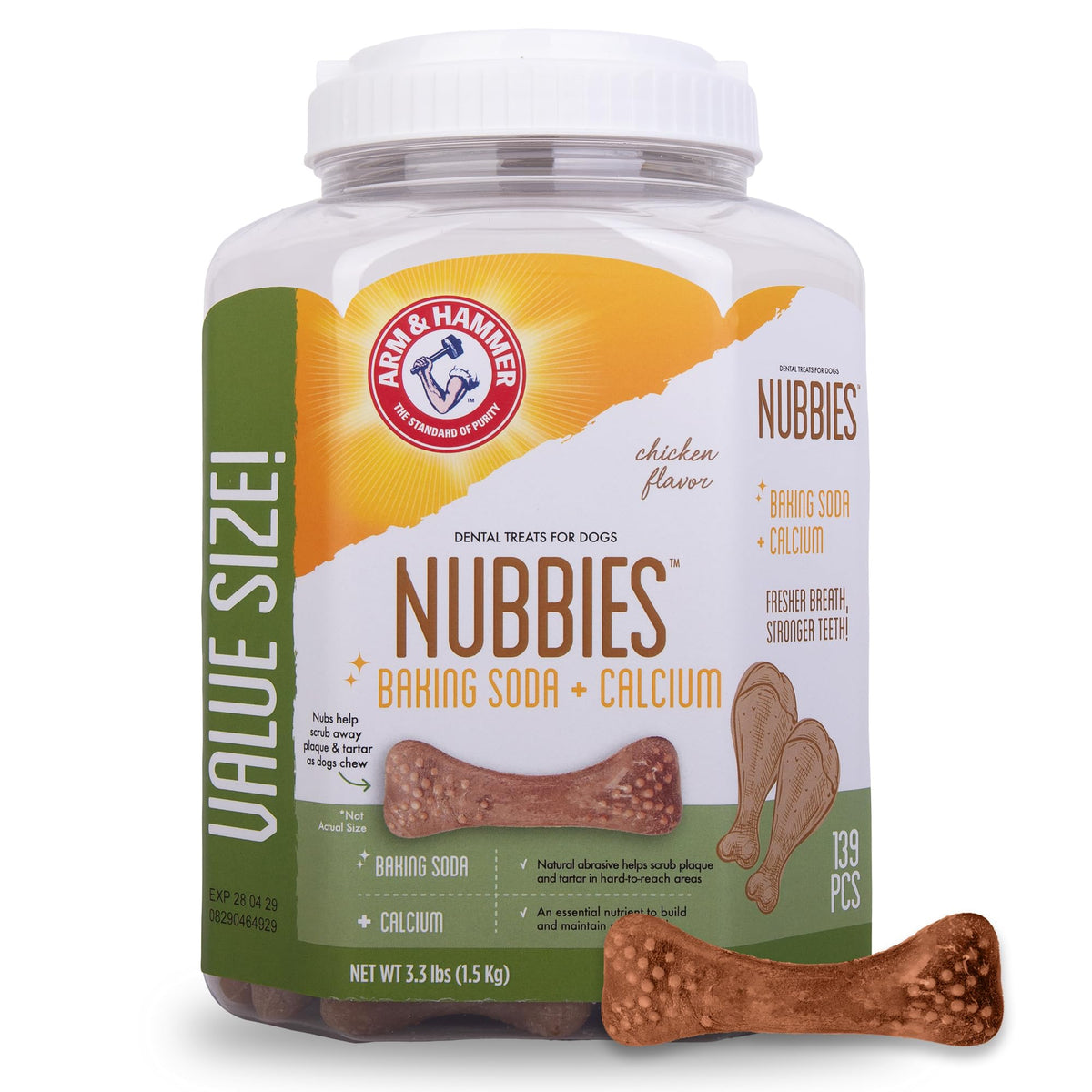 Arm & Hammer for Pets Nubbies Dental Treats for Dogs with Baking Soda and Calcium, Treat Chews Help Fight Bad Breath, Plaque & Tartar, Chicken, Value Bucket, 139 Pcs (Packaging may vary)