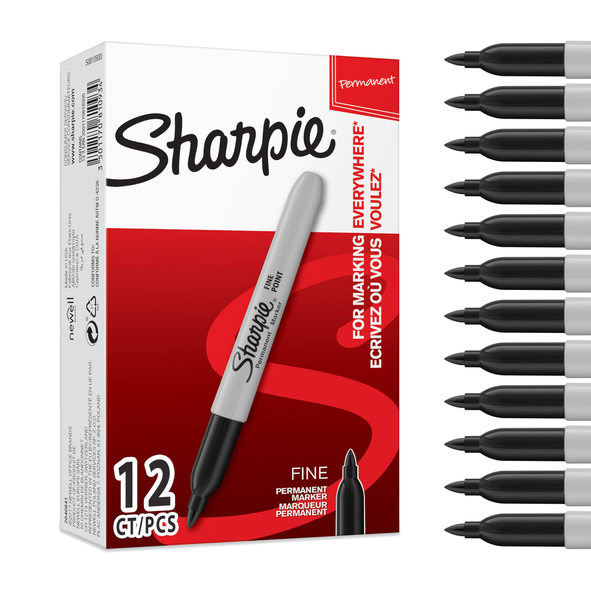 Sharpie Permanent Markers, Fine Point, Black, 12 Count