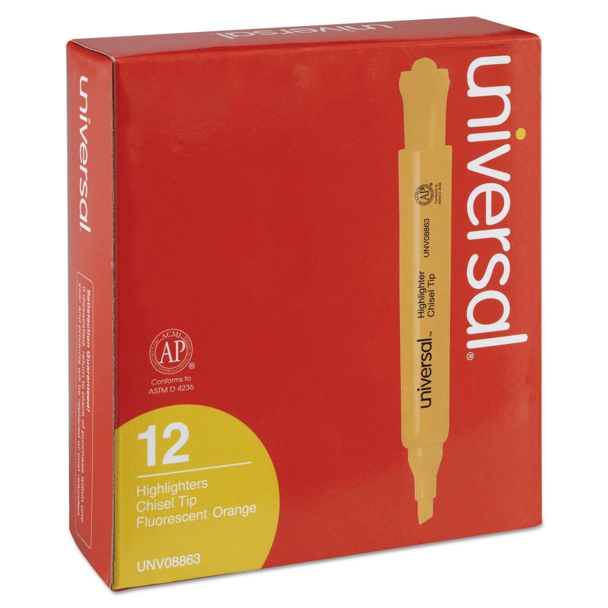 Universal Desk Highlighters, Fluorescent Orange Ink, Chisel Tip, Orange Barrel, Dozen