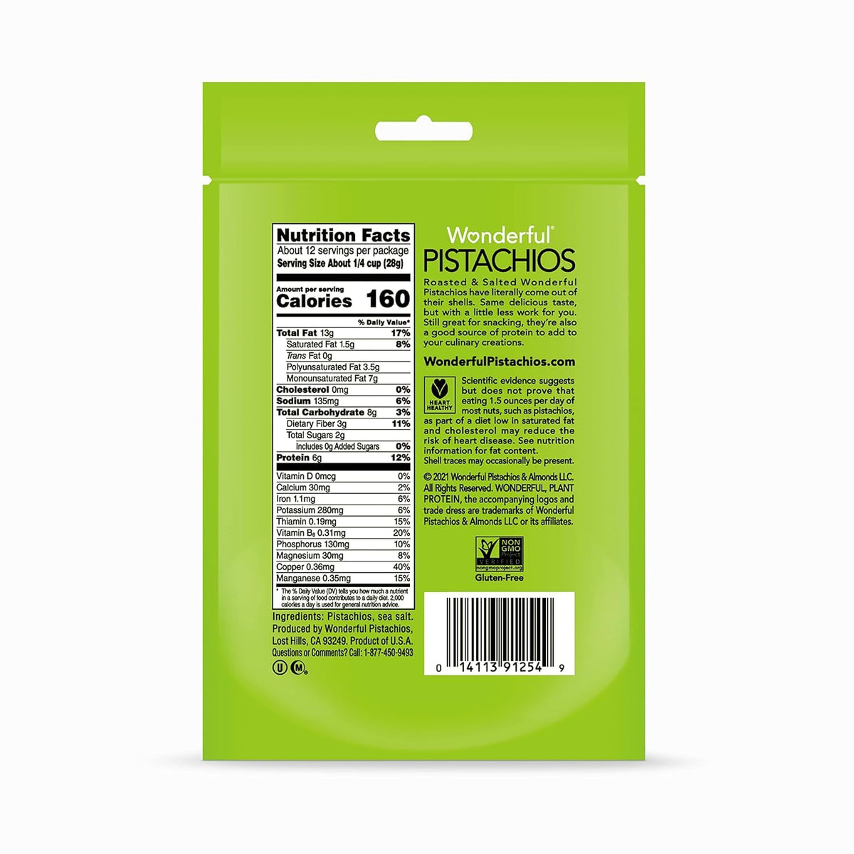 Wonderful Pistachios No Shells, Roasted & Salted Nuts, 12 Ounce Resealable Bag, Protein Snacks, Gluten Free, Healthy Snack
