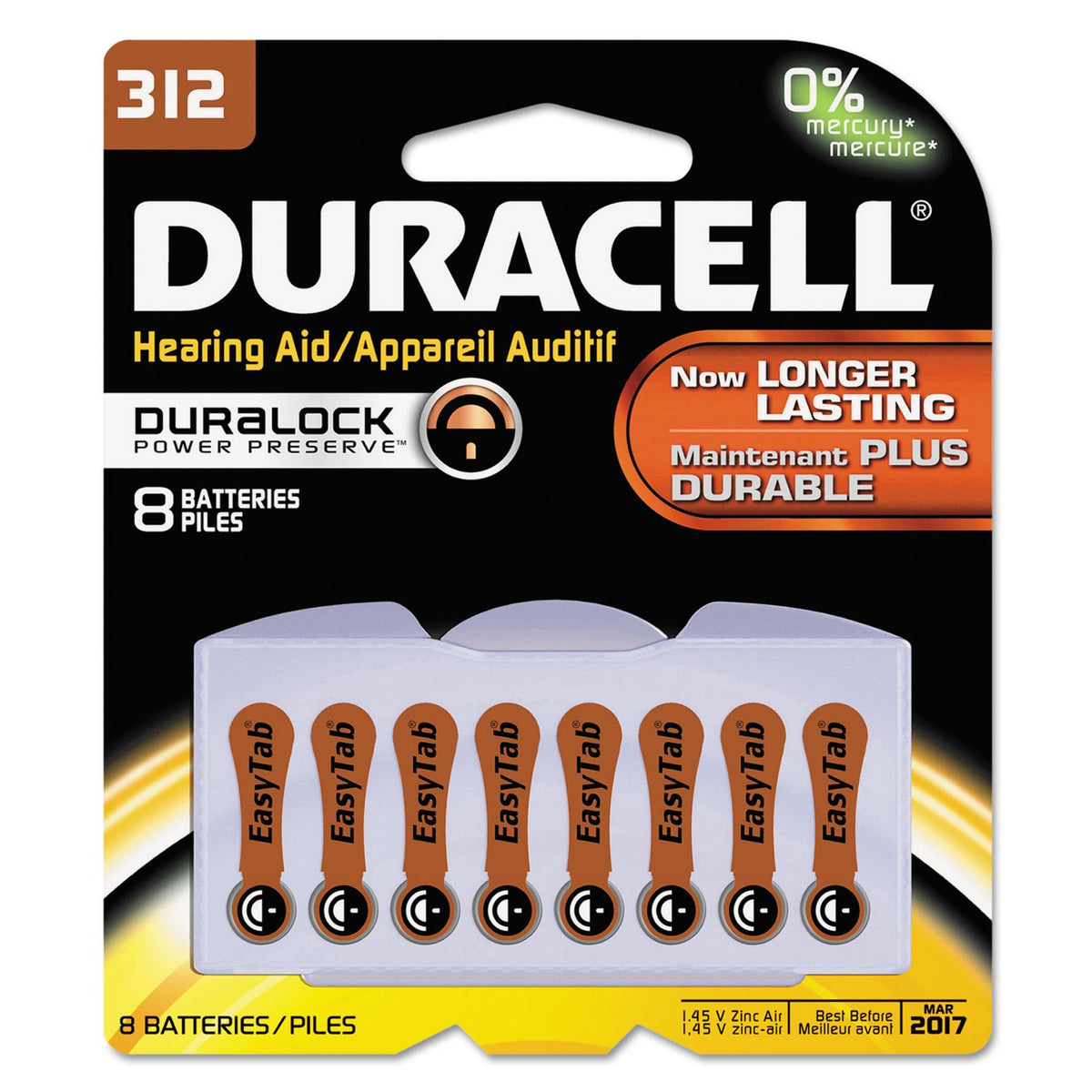 Duracell DA312B8ZM09 Button Cell Zinc Air Battery, #312, 8/Pk