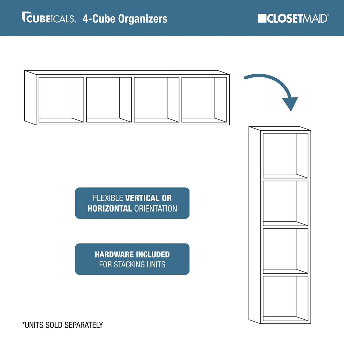 ClosetMaid Cubeicals 4 Cube Storage Shelf Organizer, Stackable, Vertical or Horizontal, Easy Assembly, Wood, Espresso Finish