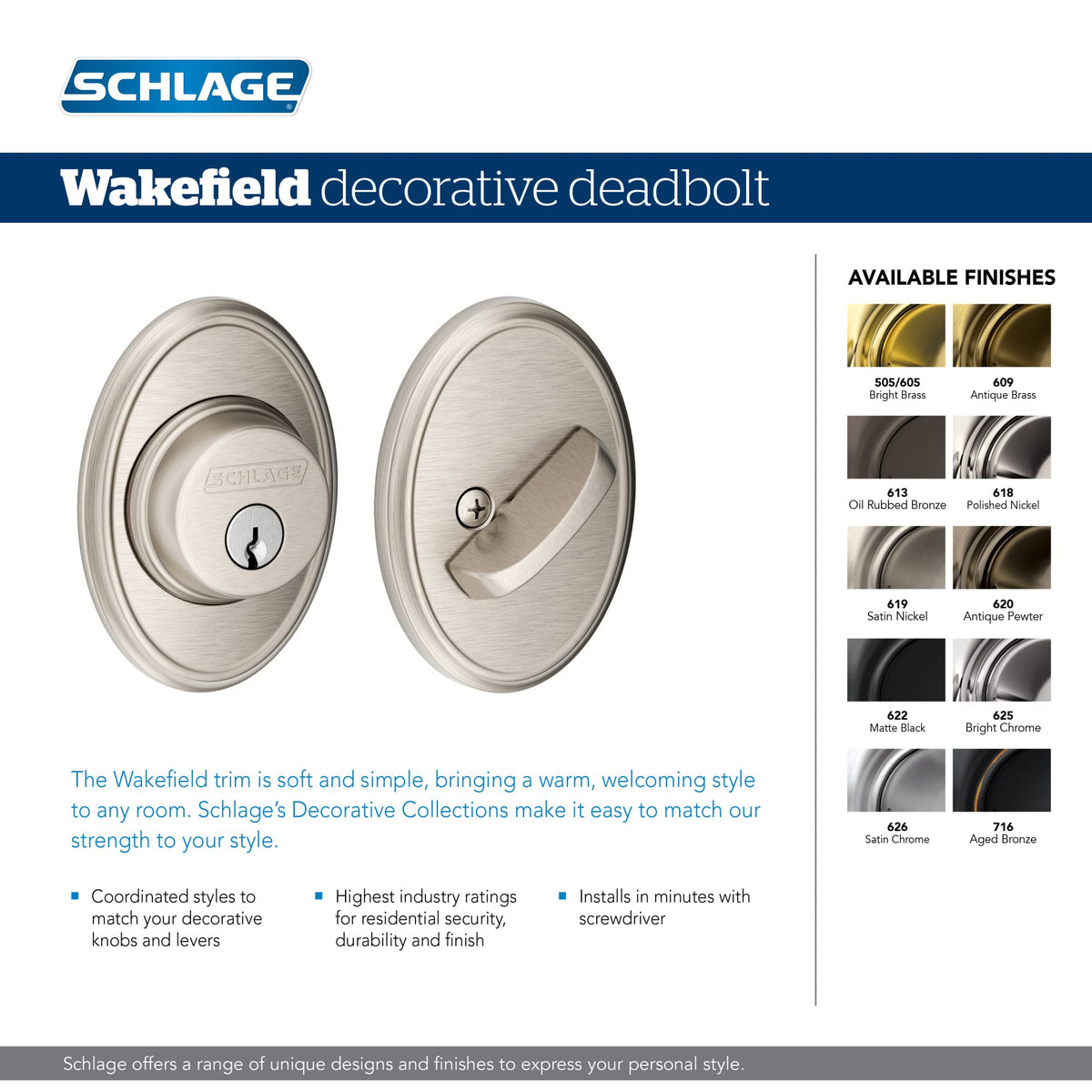 SCHLAGE Single Cylinder Deadbolt with Wakefield Trim, Antique Brass (B60 N WKF 609)