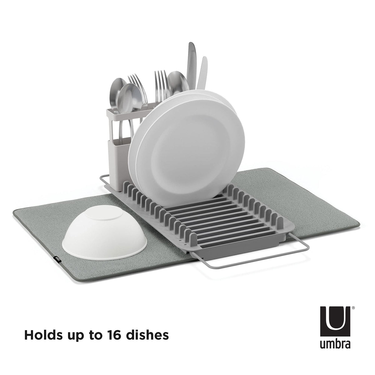 Umbra Udry Rack and Microfiber Dish Drying Mat-Space-Saving Lightweight Design Folds Up for Easy Storage, Over The Sink, Charcoal