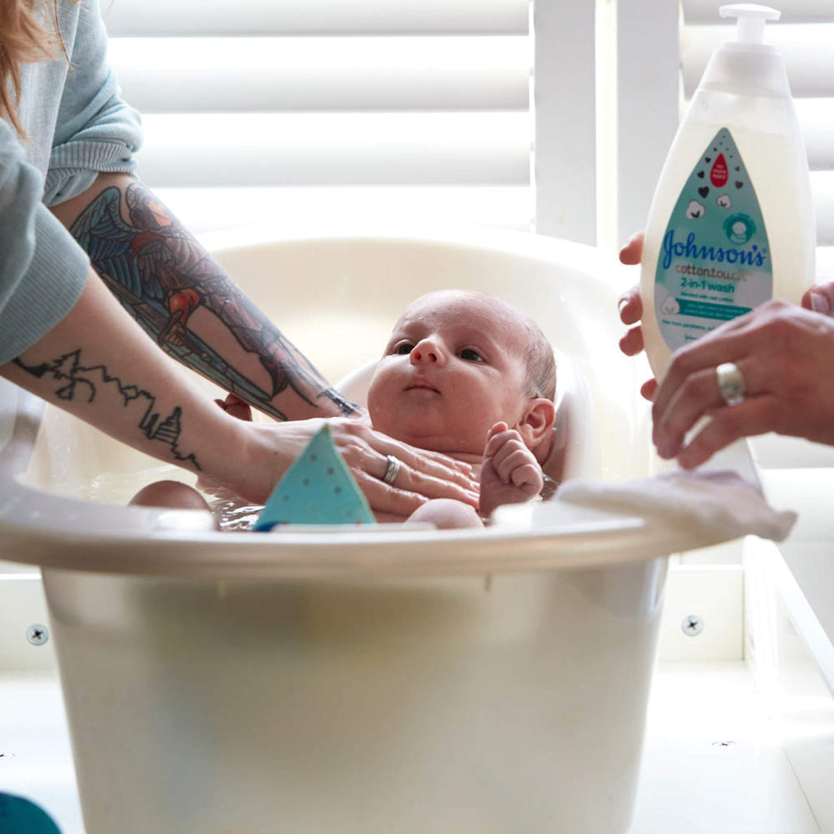Johnson's CottonTouch Newborn Baby Wash & Shampoo with No More Tears, Sulfate-, Paraben- Free for Sensitive Skin, Made with Real Cotton, Gently Washes Away Dirt & Germs, 13.6 fl. oz, Pack of 3