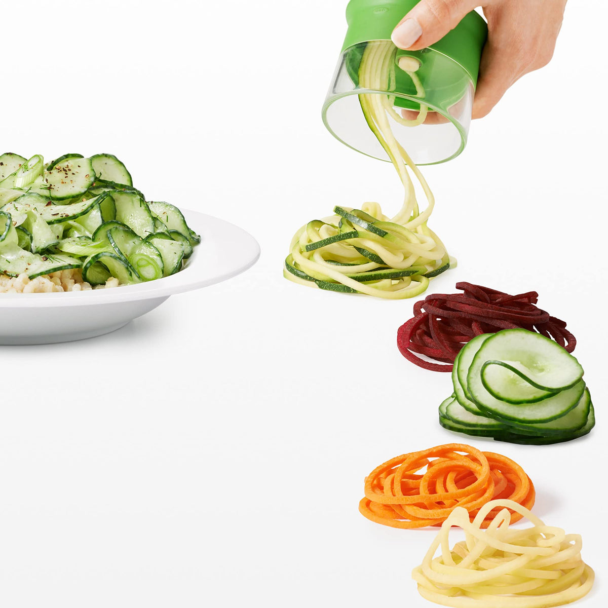 OXO Good Grips 3-Blade Hand-Held Spiralizer, Green, Red, & Orange