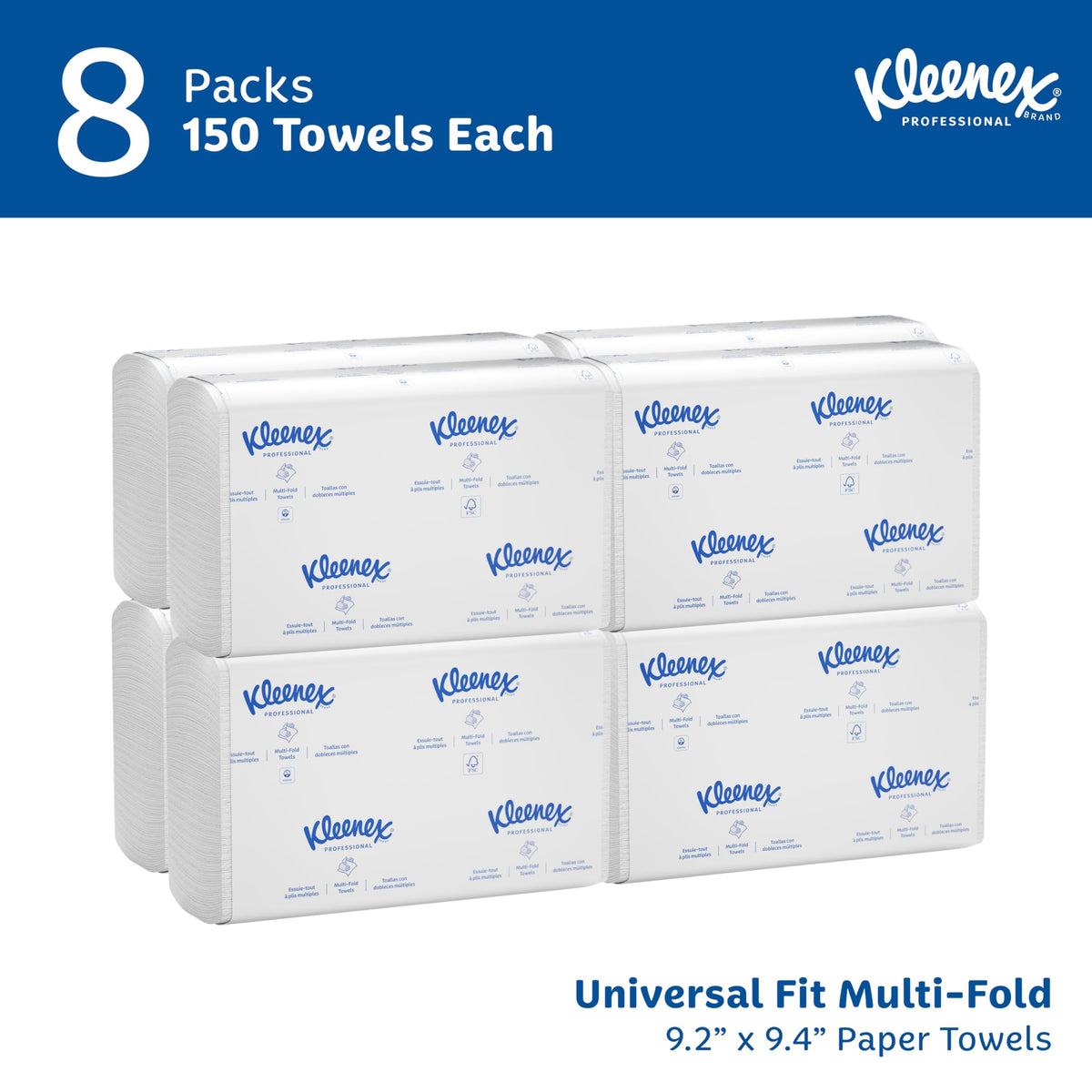 Kleenex® Professional Universal Multifold Paper Towels, Bulk (02046), Absorbency Pockets, 9.2" x 9.4" Towel, White (150 Sheets/Pack, 8 Packs/Case, 1,200 Sheet Total)