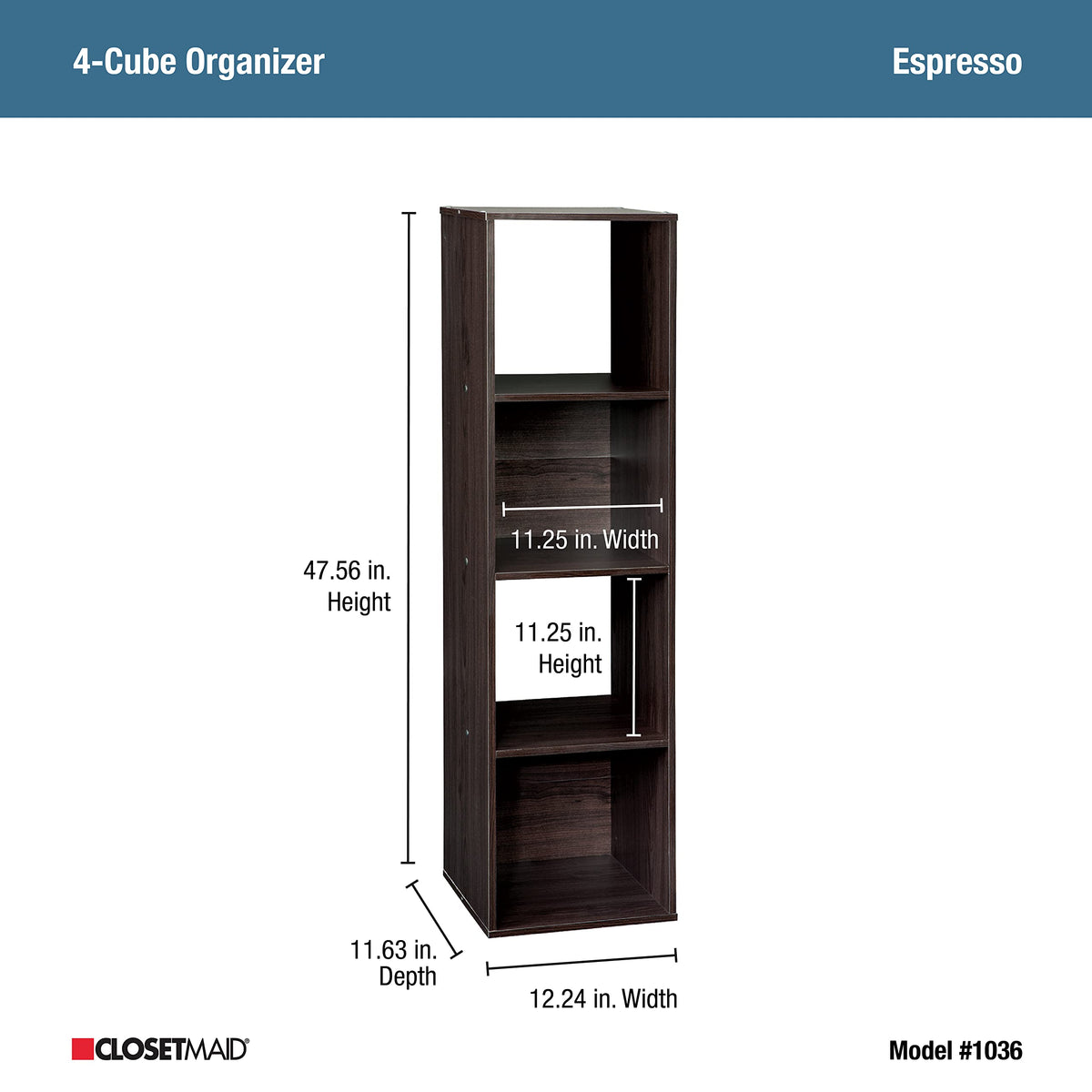ClosetMaid Cubeicals 4 Cube Storage Shelf Organizer, Stackable, Vertical or Horizontal, Easy Assembly, Wood, Espresso Finish