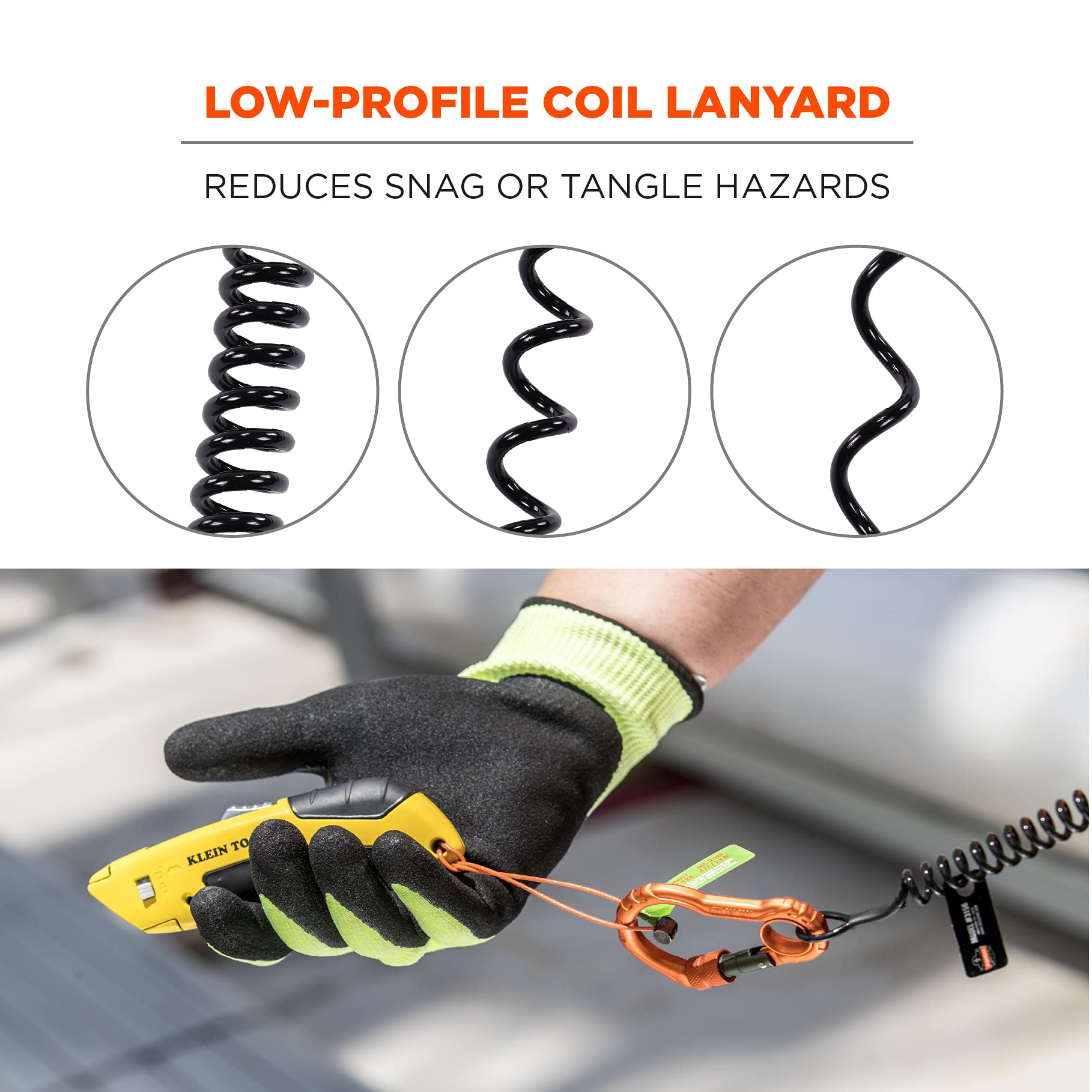 Coil Tool Lanyard with Two Carabiners, Tool Weight Capacity 2 lbs, Ergodyne Squids 3166 , Black