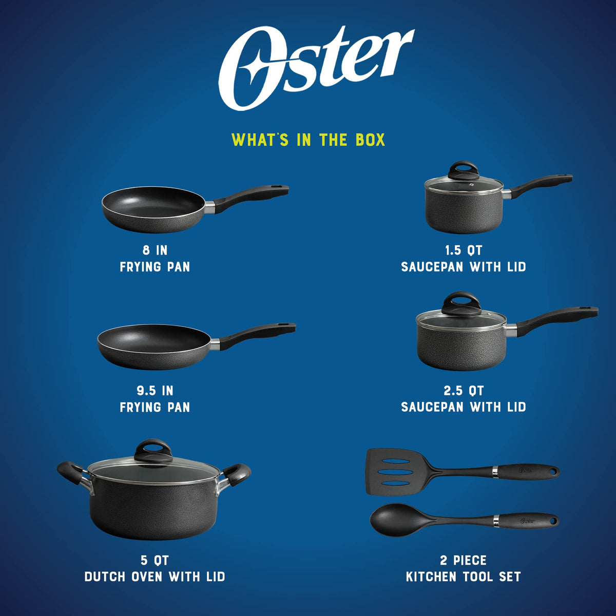 Oster Clairborne 10 Piece Aluminum Cookware Set W/Tools,Black