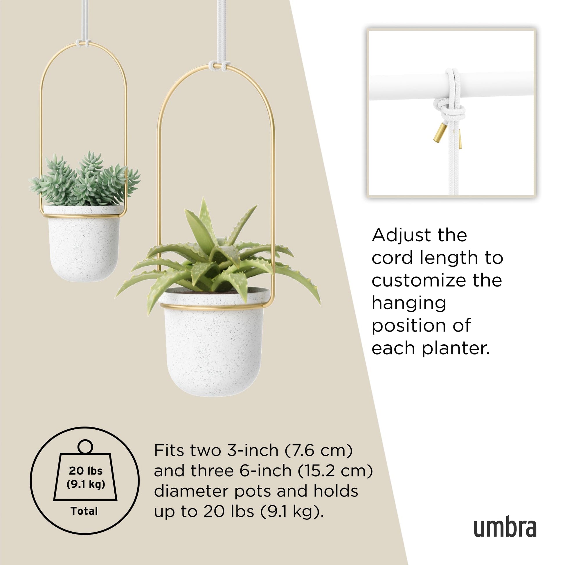 Umbra Triflora Hanging Planter for Window, Indoor Herb Garden, Set of 5, White/Brass
