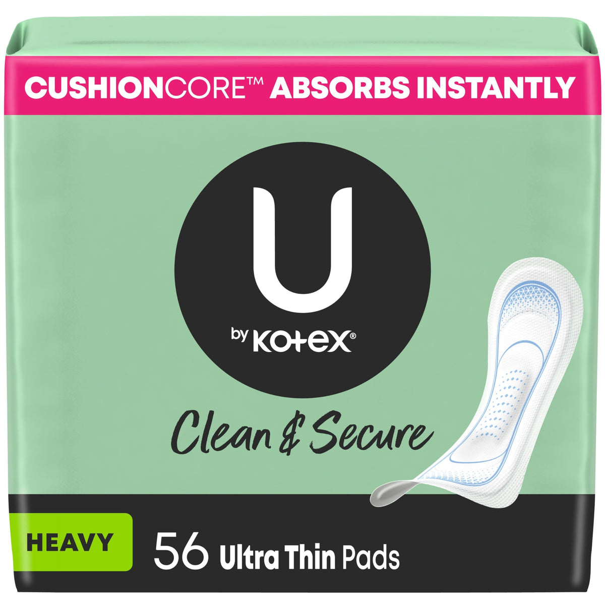 U by Kotex Ultra Thin Pads, Clean & Secure, Heavy Absorbency, 56 Count (Packaging May Vary)