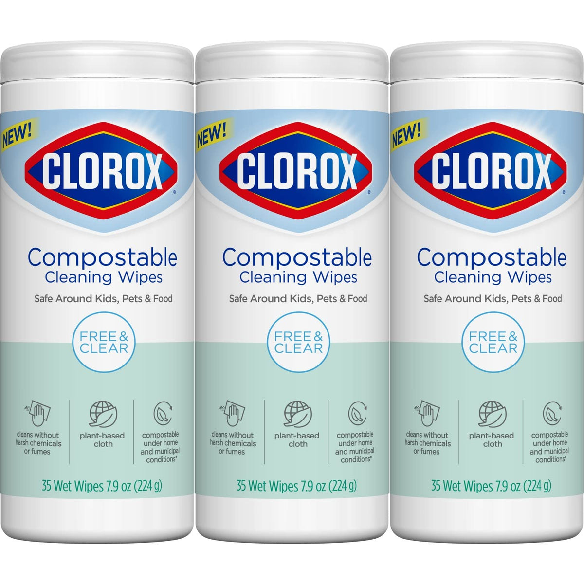 Clorox Compostable Cleaning Wipes, All Purpose Wipes, Free & Clear, 35 Count Each, Pack of 3
