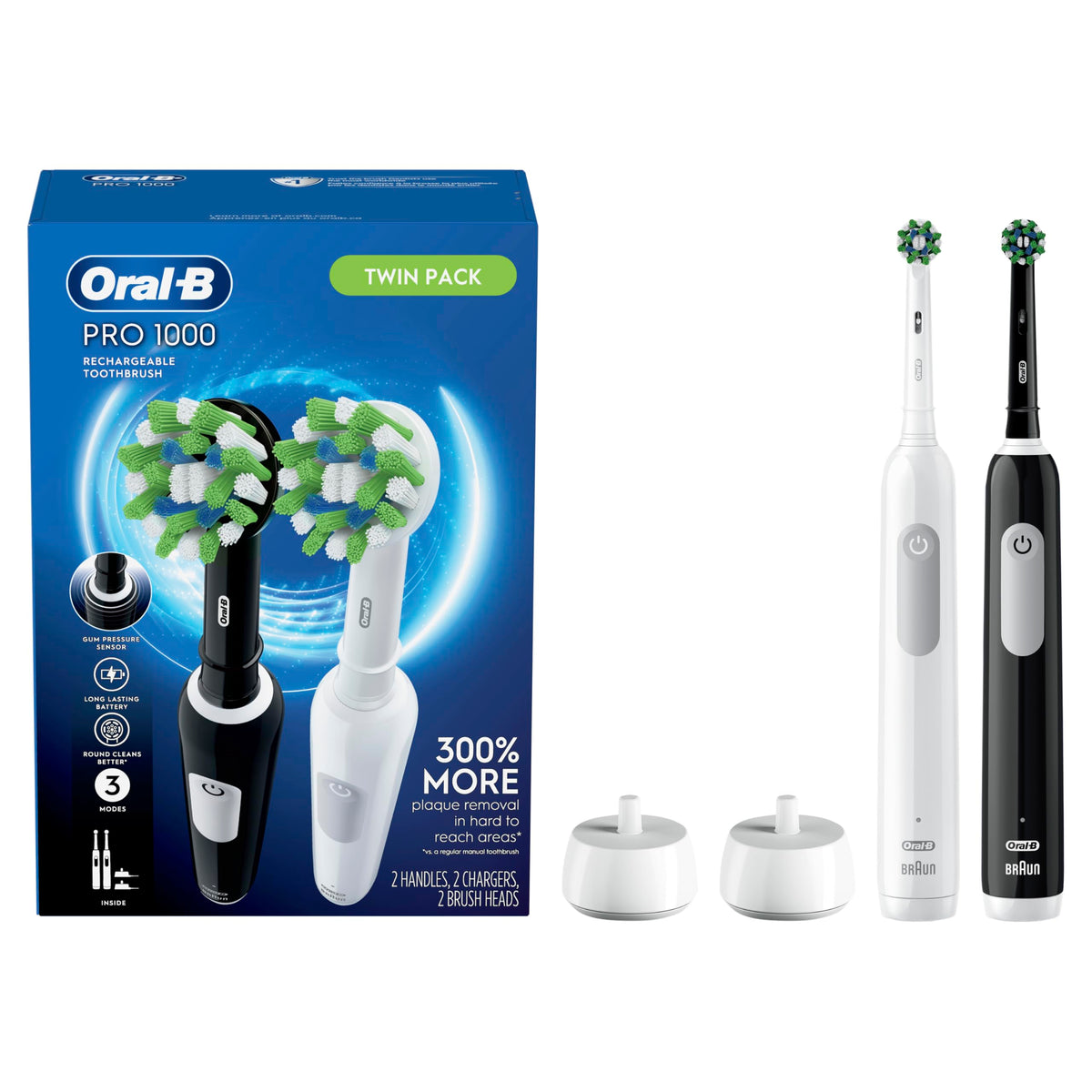 Oral-B Pro 1000 CrossAction Electric Toothbrush, Black and White, 2 Count