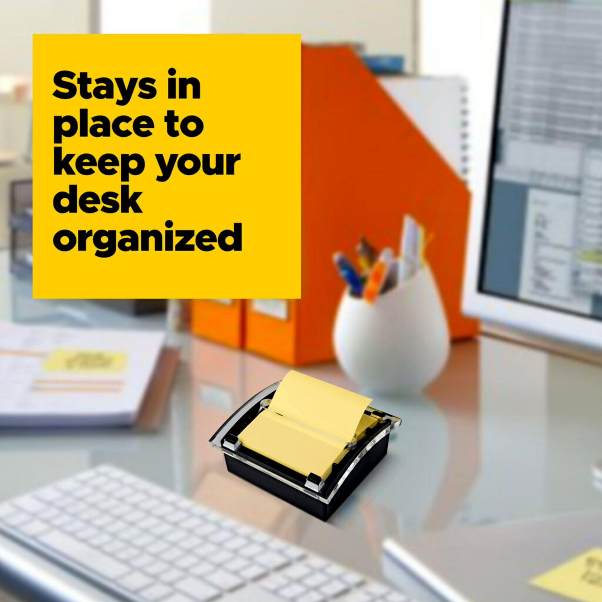 Post-it Note Dispenser, Sticky Note Holder, Black Base, Clear Top, Includes 50 Sheets of 3 in x 3 in Canary Yellow Pop-Up Notes, Classroom or Office Supplies