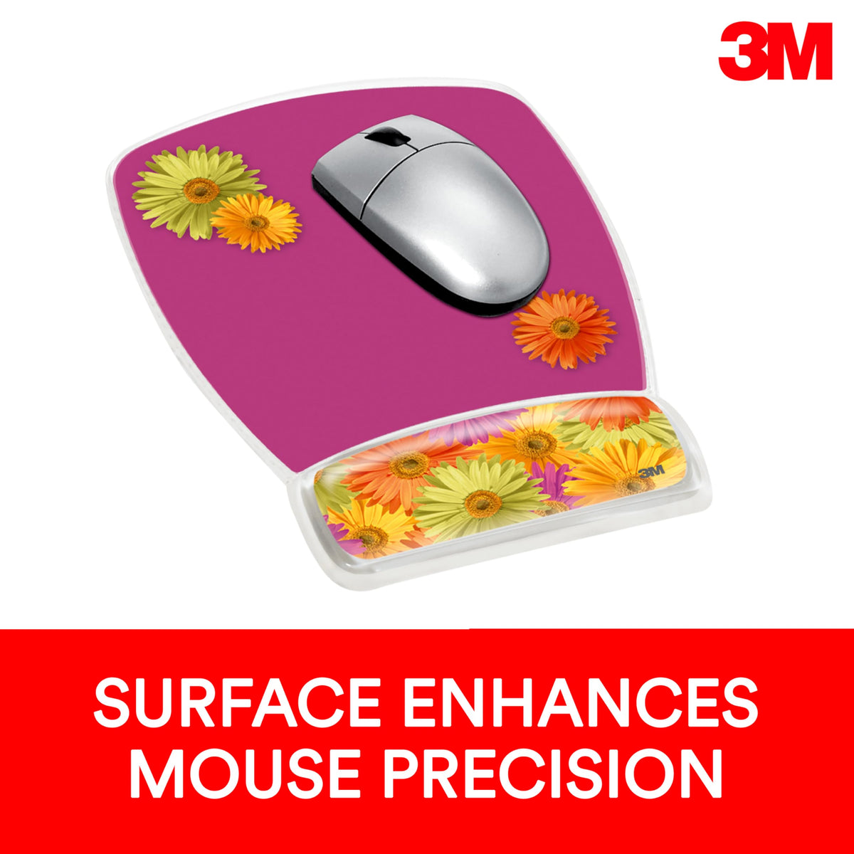 3M Precise Mouse Pad with Gel Wrist Rest, Soothing Gel Comfort with Durable, Easy to Clean Cover, Optical Mouse Performance, Daisy Design (MW308DS)