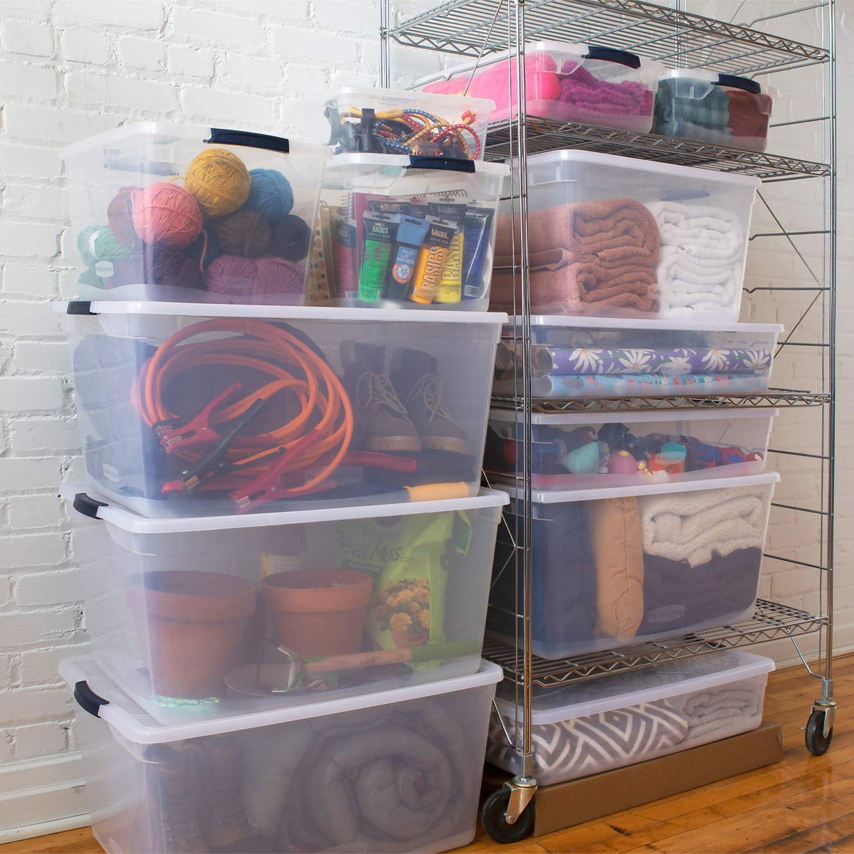 Rubbermaid Cleverstore Clear 41 QT Pack of 6 Stackable Plastic Storage Containers with Durable Latching Clear Lids