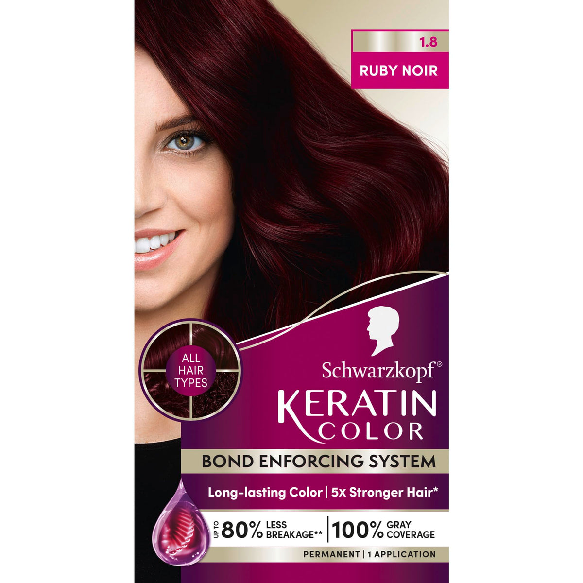 Schwarzkopf Keratin Color Permanent Hair Color, 1.8 Ruby Noir, 1 Application - Professionally Inspired Permanent Hair Dye, for up to 80% Less Breakage vs Untreated Hair and up to 100% Gray Coverage
