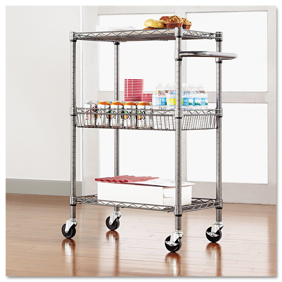 Alera Three-Tier Wire Rolling Cart, 28w x 16d x 39h, Black Anthracite