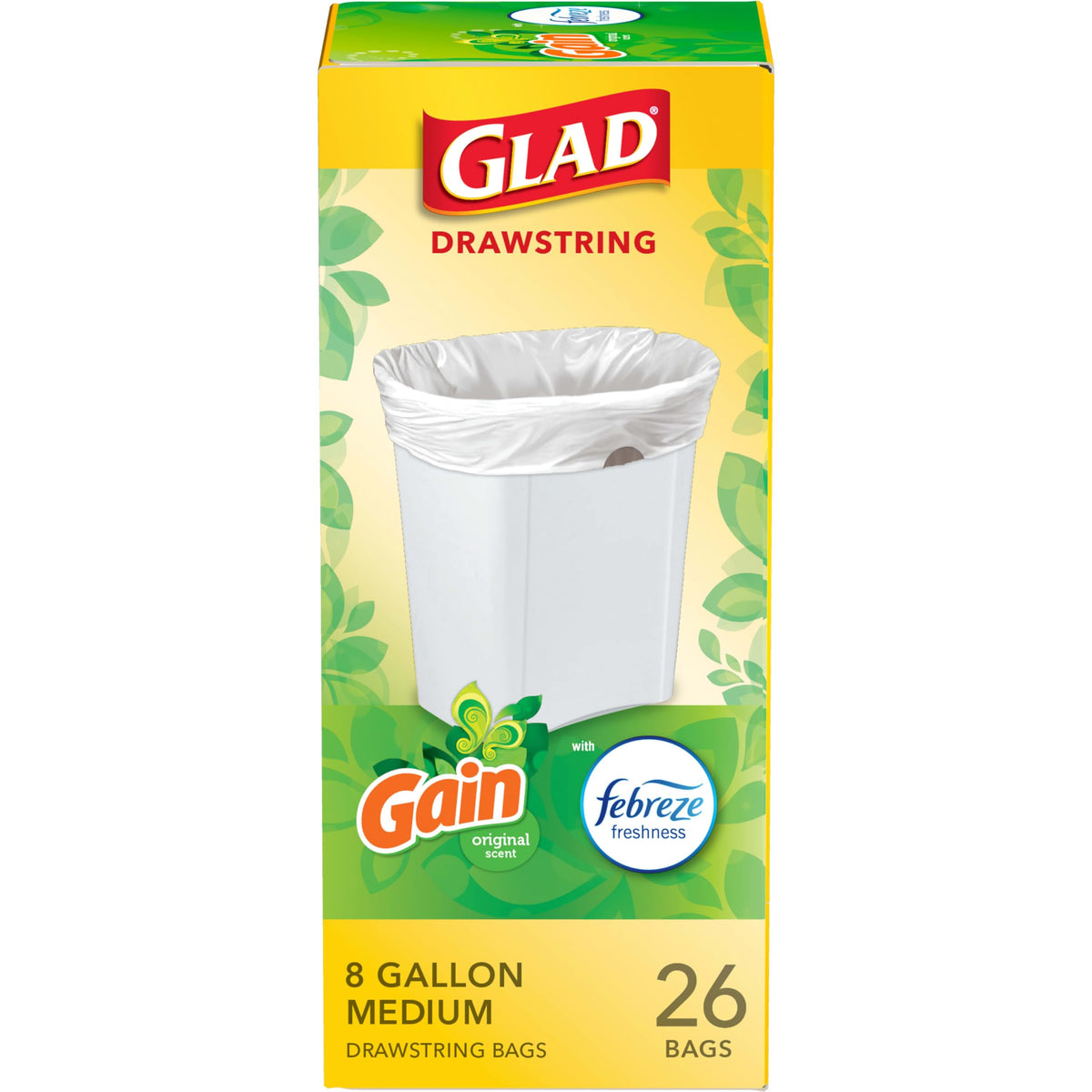 Glad Medium Trash Bags, 8 Gallon, Gain Original with Febreze Garbage Bags, With Odor Control and Drawstring, 26 Count