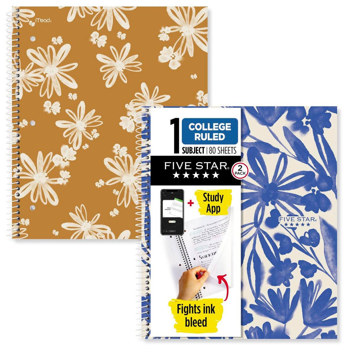 Five Star Spiral Notebooks + Study App, 2 Pack, 1 Subject, College Ruled, 8-1/2" x 11", 80 Sheets, Petals (820331F-ECM)