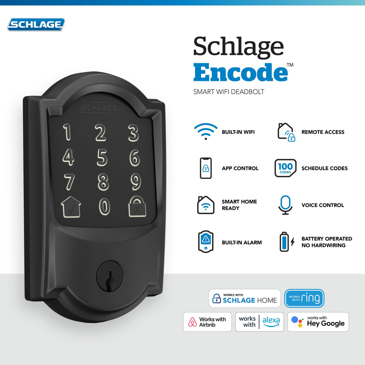 Schlage Encode Smart Wi-Fi Deadbolt with Camelot Trim in Matte Black, Lock Only