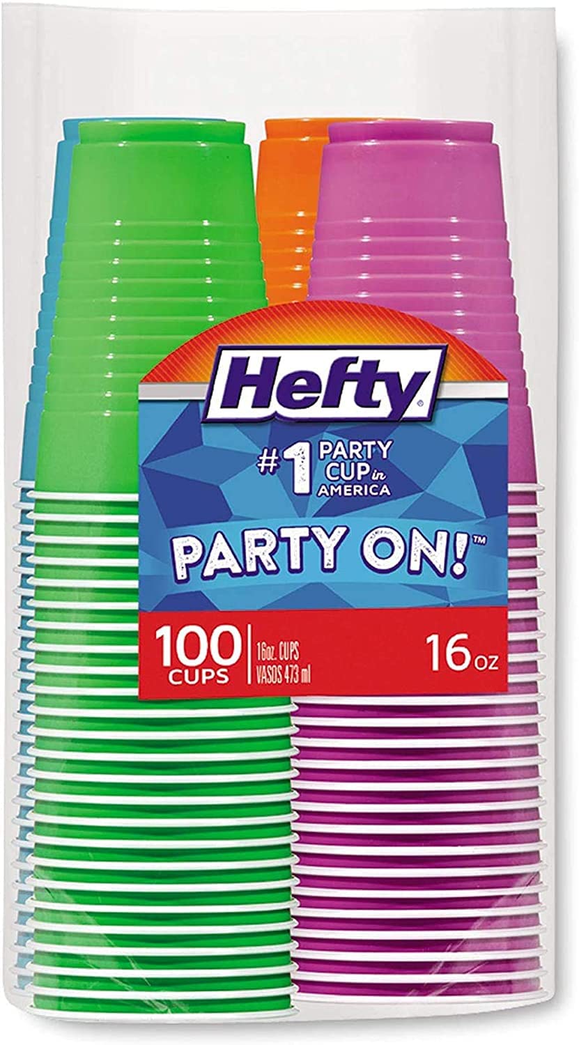 Hefty Party Cup Variety Pack, Disposable Plastic Party Cups, Easy Grip & Durable, Assorted Color Cup Variety Pack, 16-Ounce Cups, 100 CT Per Pack (Pack of 2)
