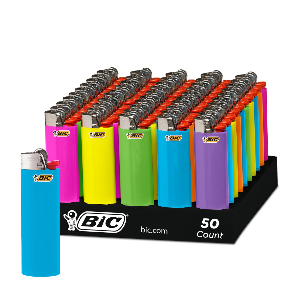 BIC Classic Lighters, Pocket Lighter Style, Fashion Assorted Colors, 50 Count Tray Disposable Lighters