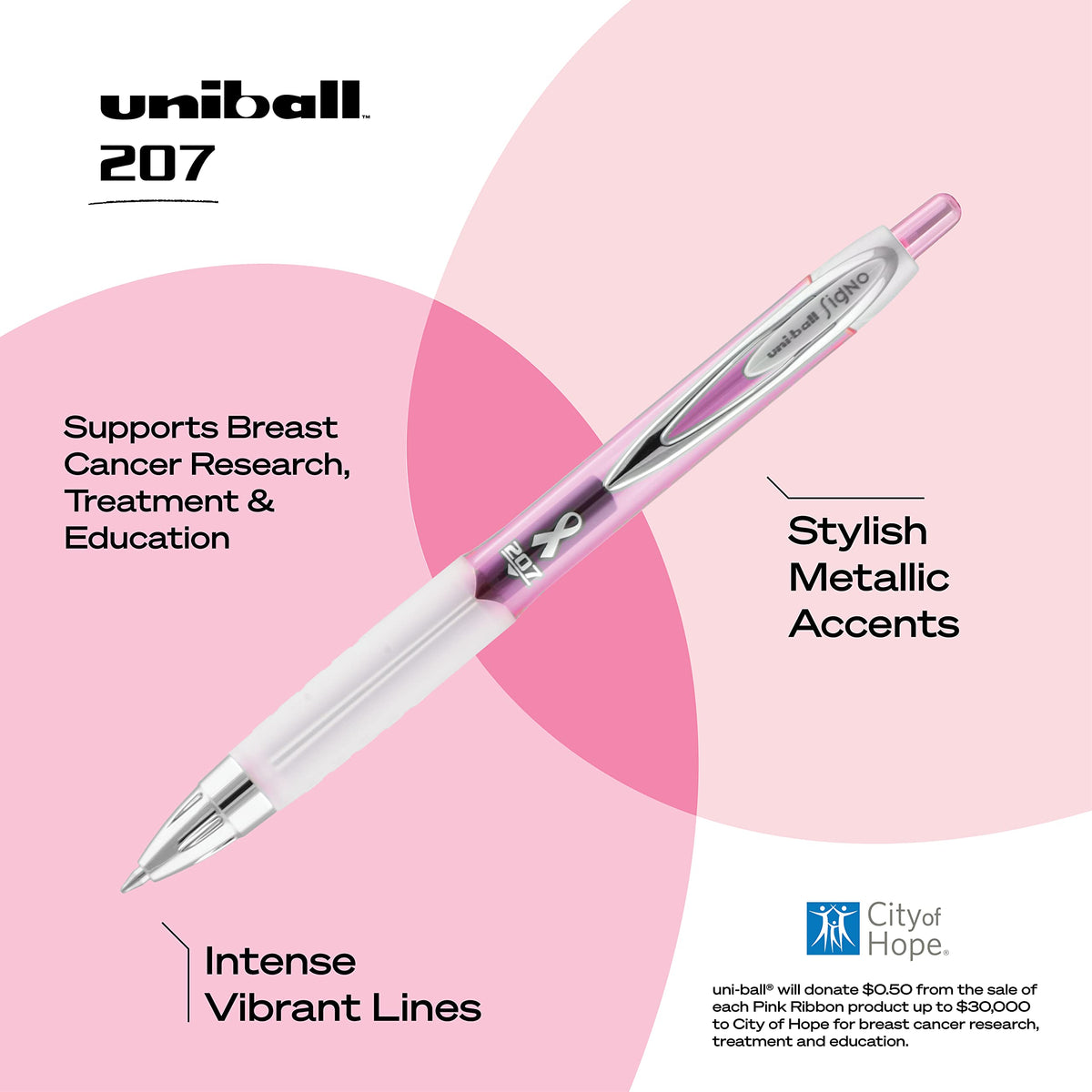 uniball 207 Office Pack Gel Pen, Retractable, Medium 0.7 Mm, Black Ink, Pink Barrel, 36/pack